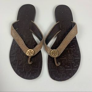 Tory Burch Thora brown sandals flip flops heel Size 9 as is